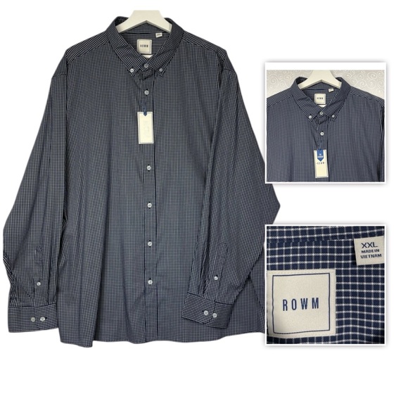 ROWM  MEN'S BUTTON UP SHIRT SIZE XXL BLUE NAVY WHITE PLAID LONG SLEEVE New - Picture 1 of 16
